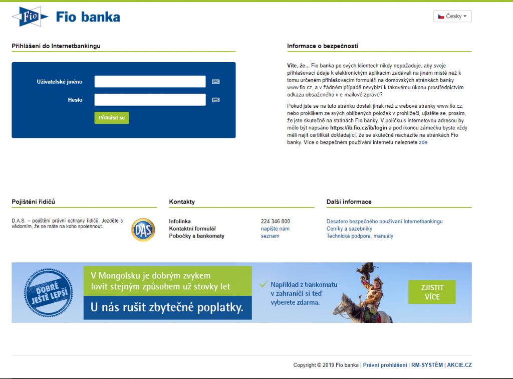 Přihlašovací stránka na internetbanking Fio banky.