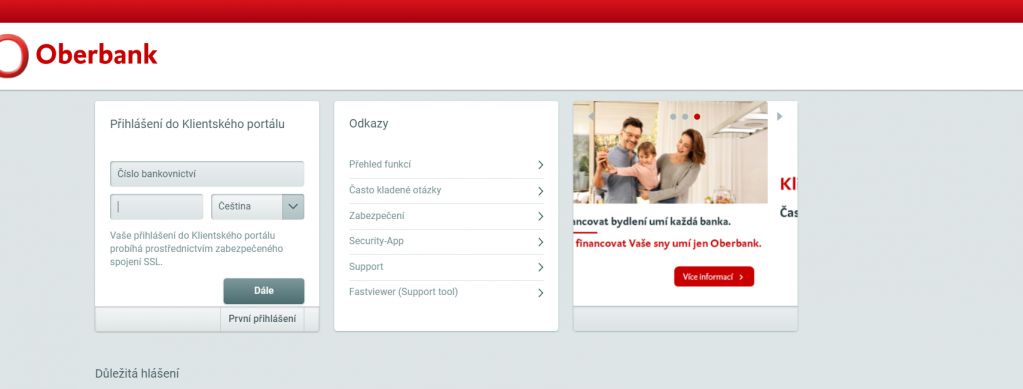 Oberbank klientská sekce přihlášení