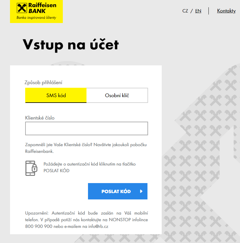 Vstup na osobní účet pomocí SMS klíče.