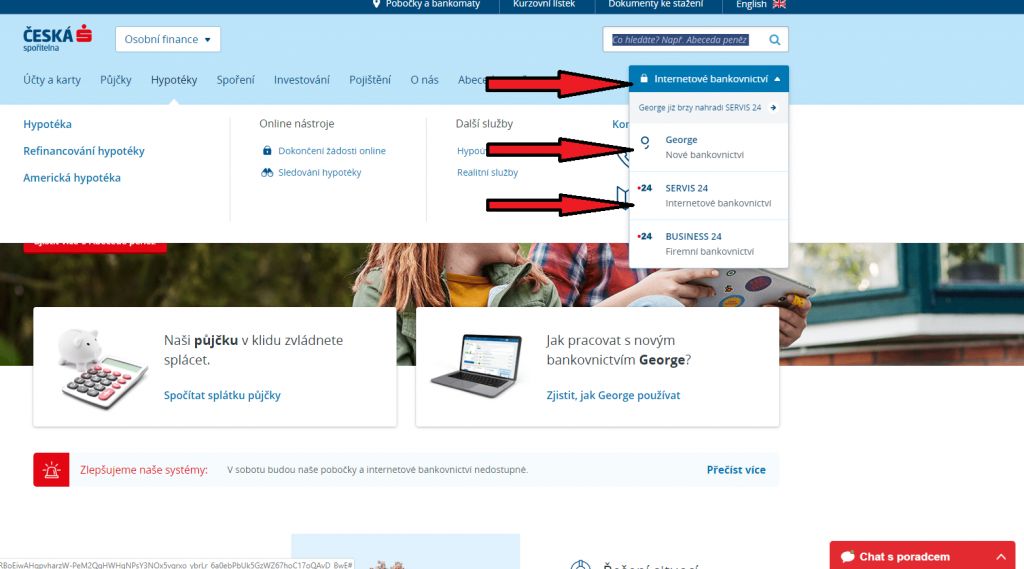 Základní stránka www.csas.cz a výběr Internetového bankovnictví.