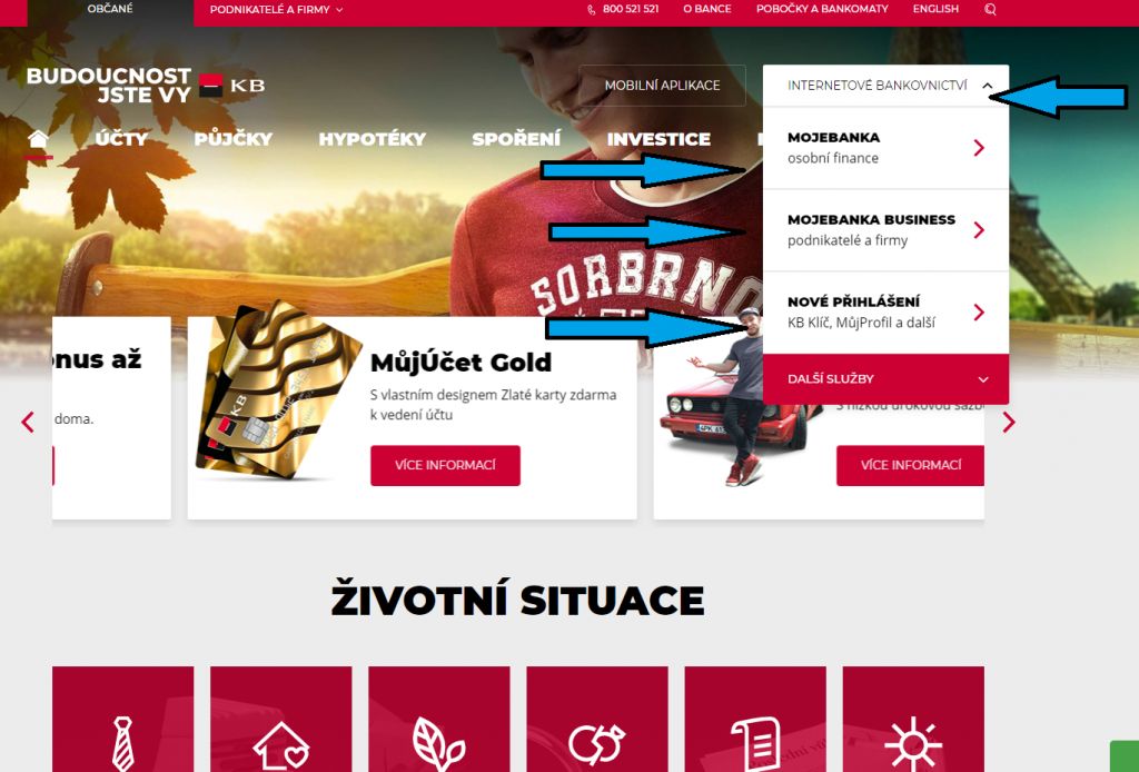 Základní stránka www.kb.cz a výběr Internetového bankovnictví.