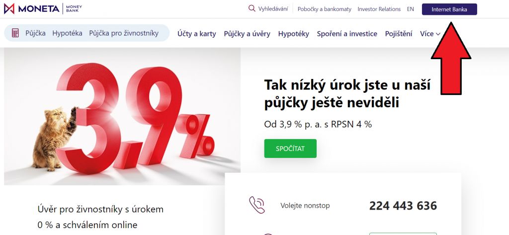 Úvodní stránka www.moneta.cz s vyznačením InternetBanky.