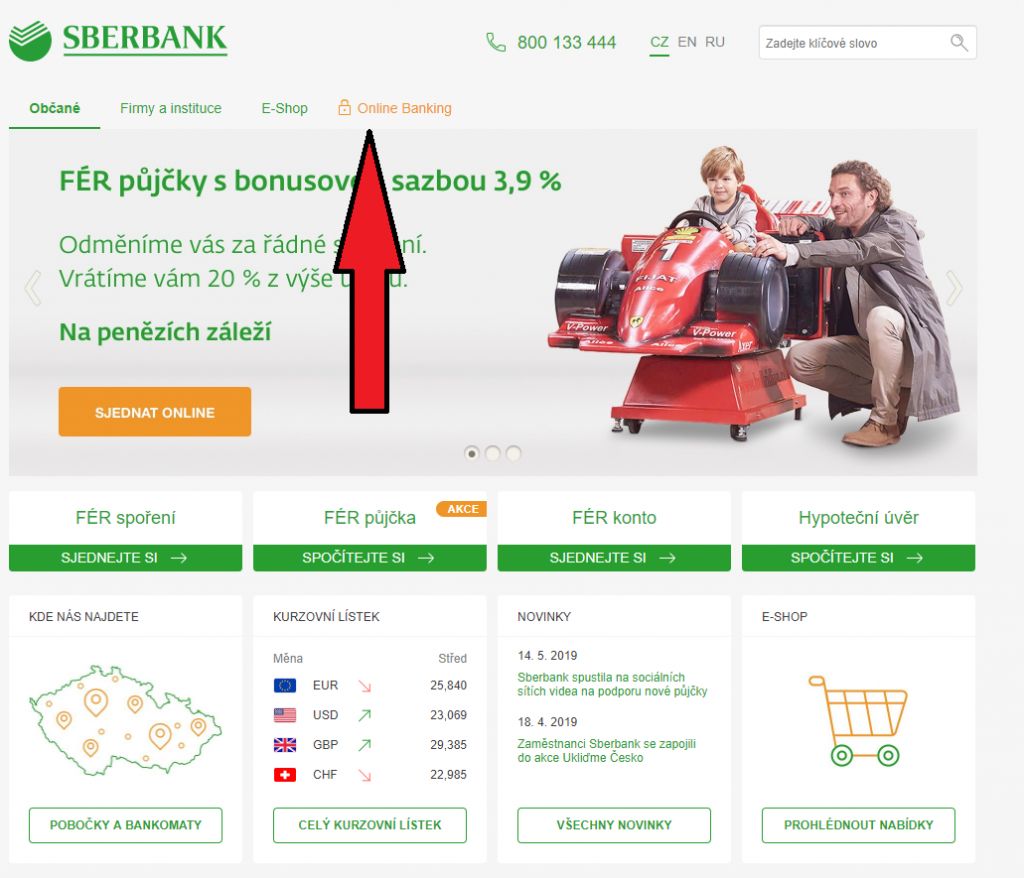 Úvodní stránka Sberbank.