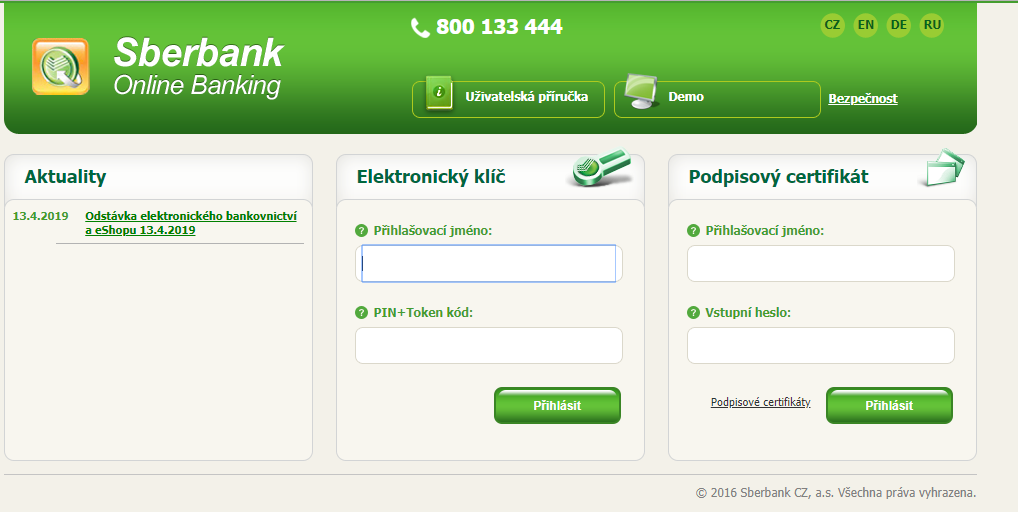 Přihlašovací stránka do internetového bankovnictví Sberbank.