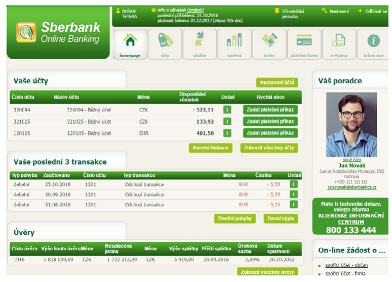 Náhled na účet ve Sberbank online bankovnictví