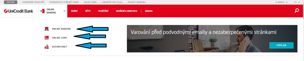 Nabídka služeb Online Banking.