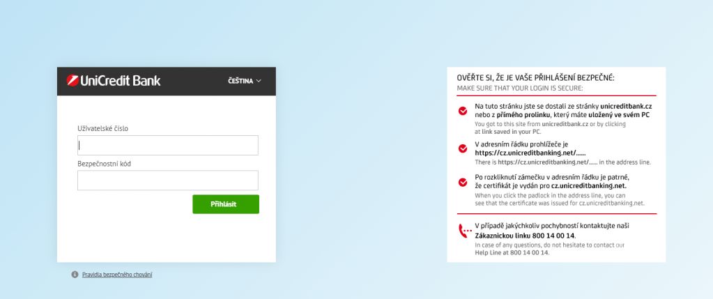 Přihlášení se do Online Bankingu Unicredit Bank.