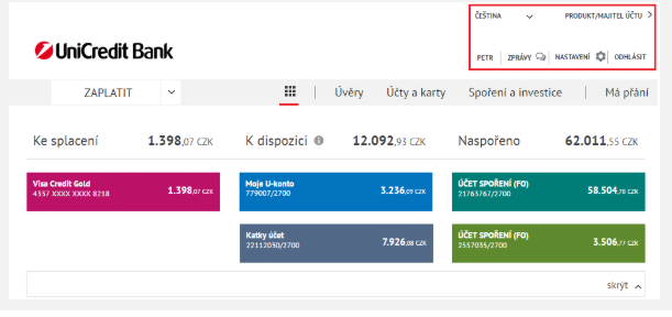 Náhled na bankovní účet – hlavní stránku Online Banking.